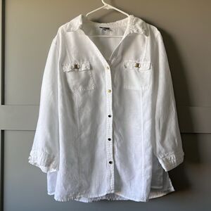 JM Collection Tunic Linen‎ Gold Button Up Top Women Sz 20W White Long Sleeve GUC